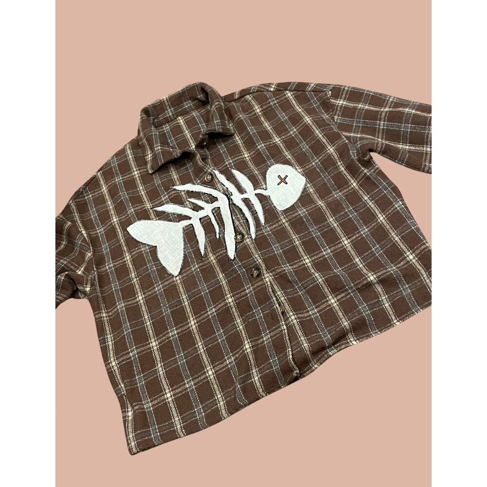 Medium Upcycled Fish Skeleton Flannel Shirt | Boho Maximalist Reworked Grunge